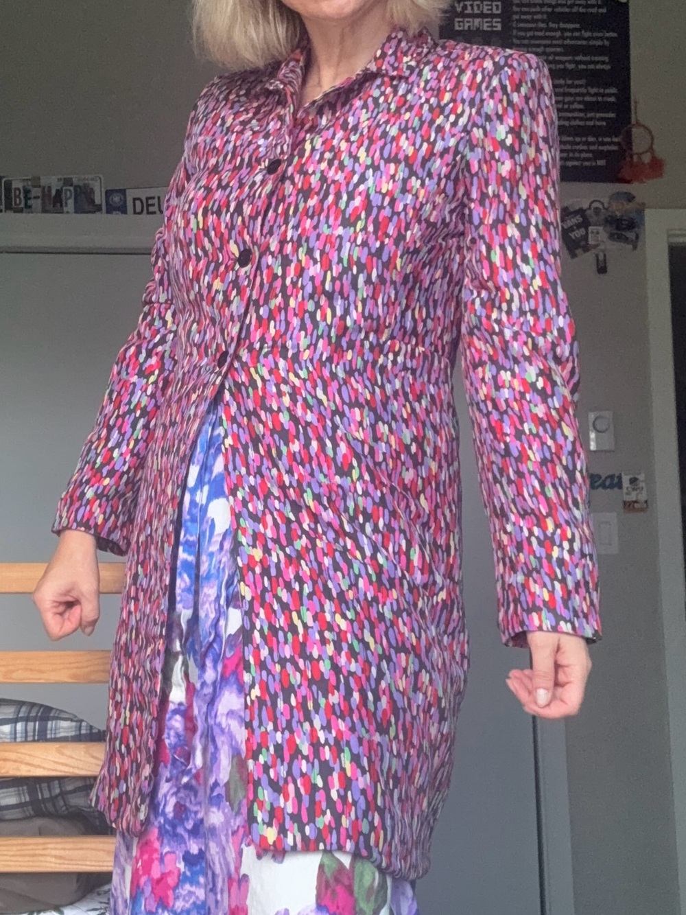 Vintage SILKLAND 100% Silk Colorful Abstract Print Long Coat • Size 10